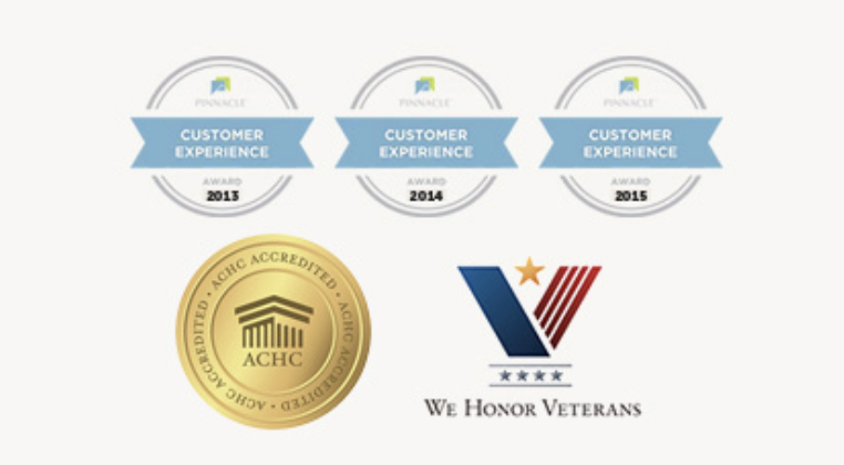 Maxcare Hospice: ACHC accredited, We Honor Veterans partner, Pinnacle Customer Experience Awards 2013, 2014, 2015